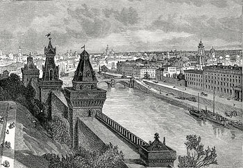 Вид на  Большой Москворецкий мост. Москва, 1890 г.  старинная гравюра (принт)