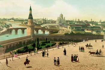 Вид из Кремля на Церковь Христа Спасителя. Москва, 1850, старинная гравюра
