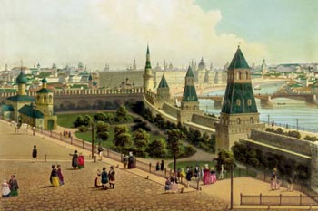 Тайницкий сад в Кремле. 1850 г. Гравюра (принт) старая Москва.