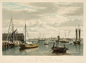 Гравюра (принт) Бостон. Вид на гавань. 1833 г. В. Дж. Беннетт