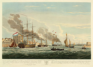 Голландские торговые суда отпылают из Портсмута, 1833 г. старинная гравюра. I